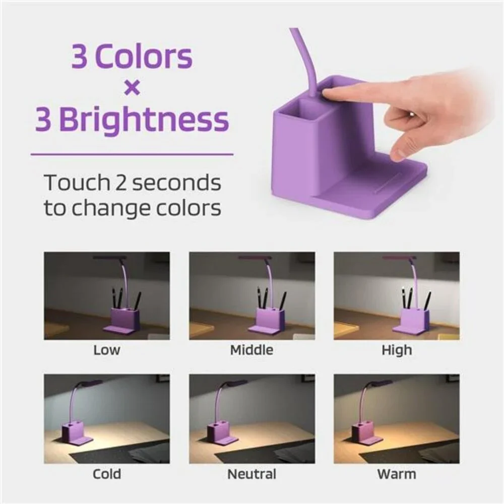 Purple rechargeable desk lamp LED cordless study table light for dorm room offic